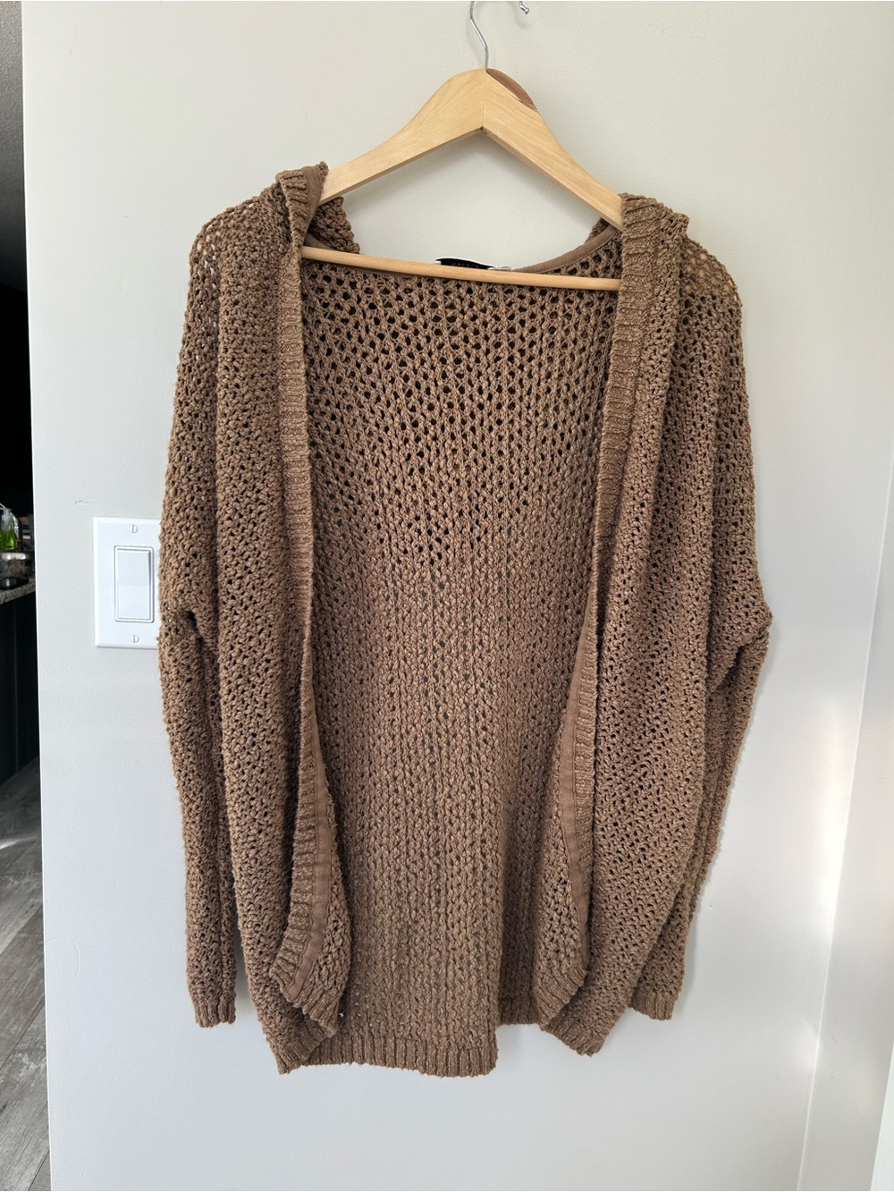 Brown Open-Knit Hooded Women's Sweater